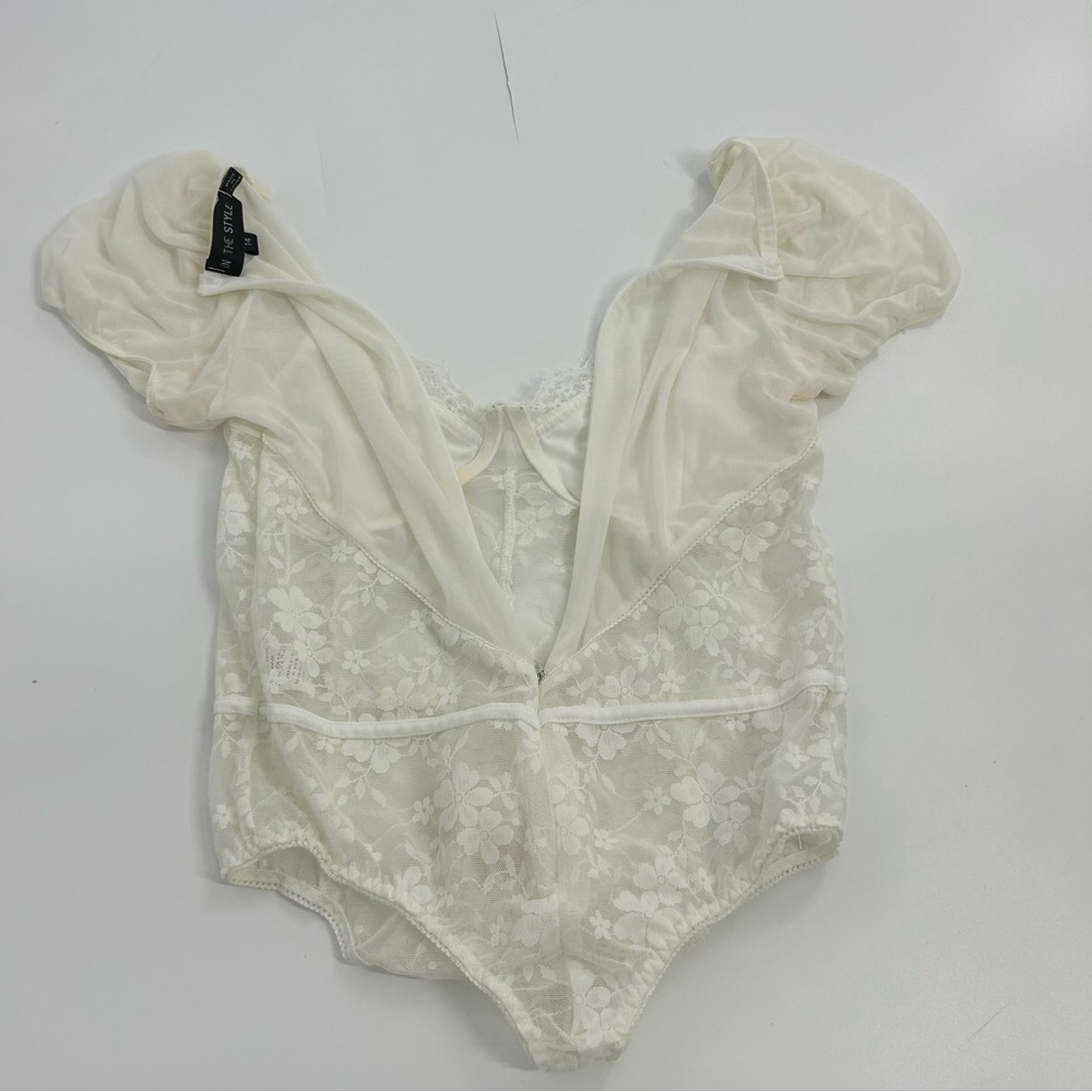 Frenchy style 90s Y2k White Lace Corset Short Sleeve Sleeve Bodysuit Back Zip 14 - Picture 8 of 9